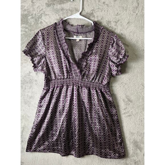 Vintage Tops - Vintage Y2K Purple Geometric Print Babydoll Top Smocked Waist Ruffle Trim Boho L